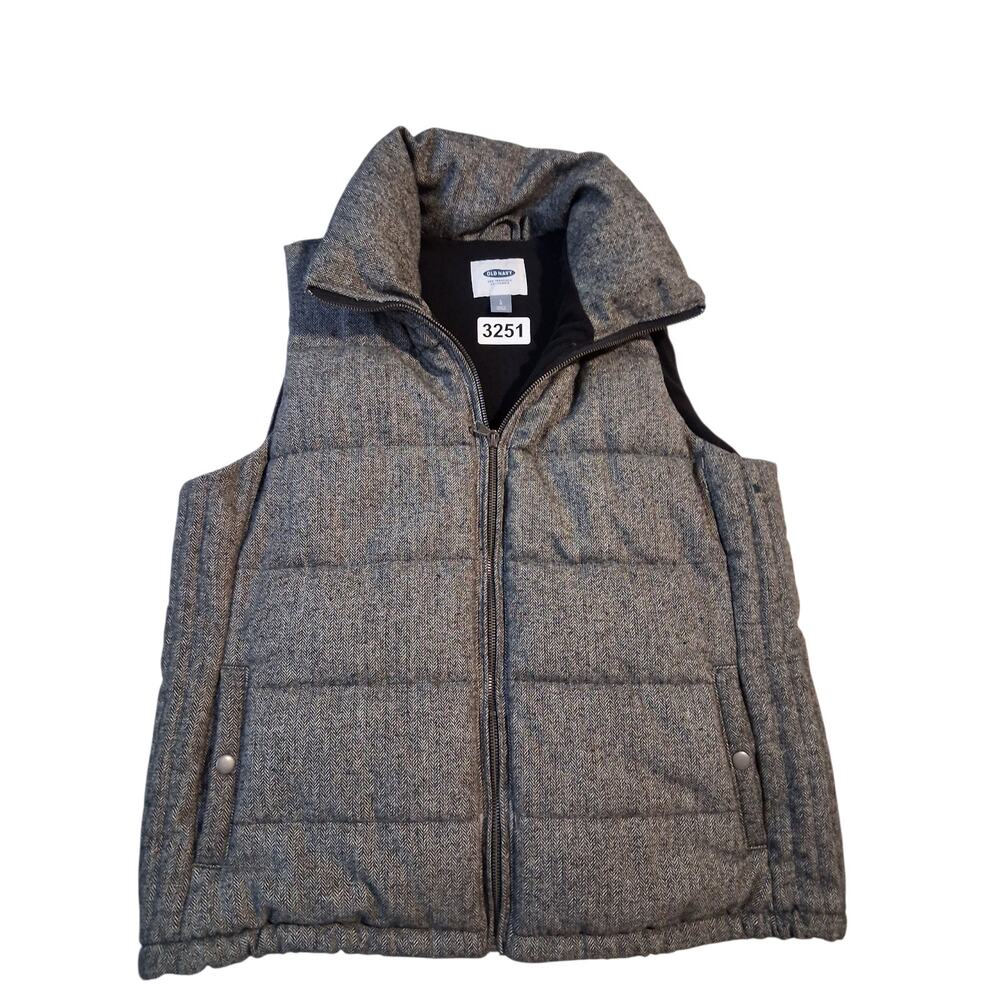 Old Navy Mens Size L Grey Twill Herringbone Wool Blend‎ Puffer Zip Casual Vest